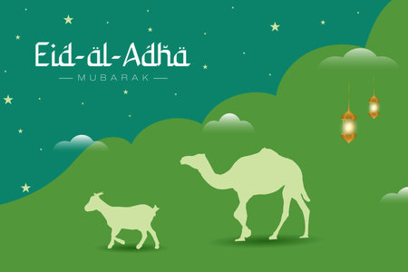 Eid Al Adha arabic calligraphy with camel and goat silhouette islamic greeting card vector fileのイラスト素材
