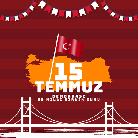15 temmuz turkish holiday post, Translation from Turkish: The Democracy and National Unity Day of Turkey. 15 july greeting, wishing, card banner design. map Vector Illustrationのイラスト素材