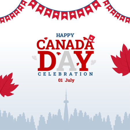 Happy Canada Day greeting social media post white color background with maple leaf vector and buildingのイラスト素材
