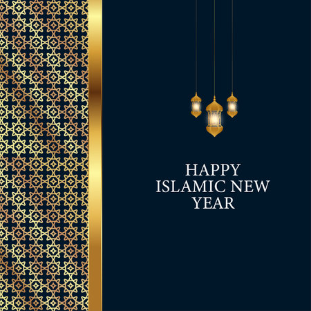 Happy Islamic New Year greeting card concept with arabic lantern and pattern designのイラスト素材