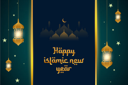 Happy Islamic New Year Greeting Card Concept with Arabic Lantern Design Vector Illustrationのイラスト素材