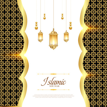 Islamic new year post greeting invitation card white background with Arabic golden pattern ornaments and lantern preamium lamp luxury social media poster or banner designのイラスト素材