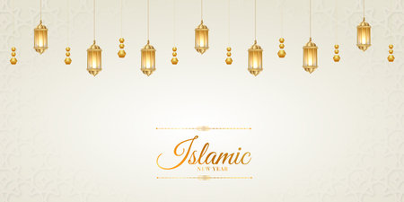 islamic new year greeting card arabic elegant social media post or banner design with empty space islamic pattern cream color background designのイラスト素材