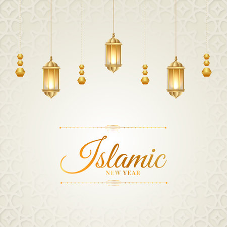 islamic new year greeting card arabic elegant social media post design with empty space islamic seamless ornamental pattern cream color background designのイラスト素材