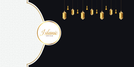 islamic new year greeting card arabic elegant social media banner or post with empty space islamic pattern black background designのイラスト素材