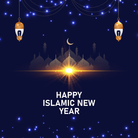 Happy Islamic New Year greeting card concept with arabic lantern and mosque designのイラスト素材