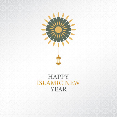 Happy Islamic New Year greeting card concept with arabic lantern and pattern or mandala designのイラスト素材