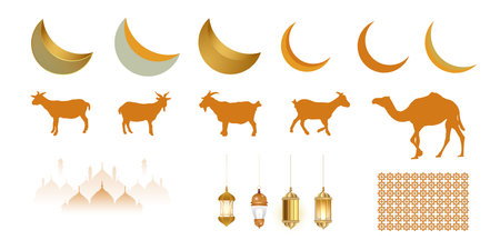 islamic elements big collection moon, goat and camel, four golden lantern or mosque with pattern golden ornaments or lamp designのイラスト素材