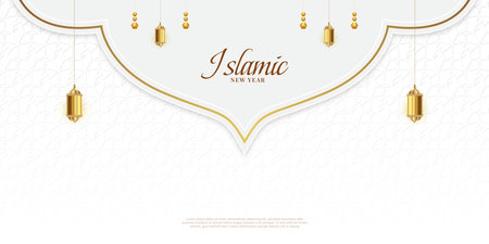 Islamic new year white and golden background with Arabic pattern ornaments and lantern preamium luxury banner designのイラスト素材
