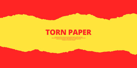 Vector yellow color torn paper sheet banner design with red backgroundのイラスト素材