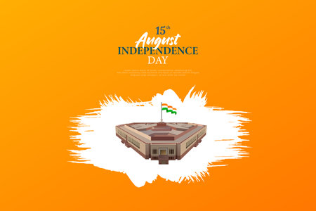 15th august independence day with flag and white brush stroke orange background social media banner or poster design with new Parliament building vector illustrationのイラスト素材