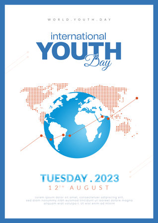 International Youth Day wishing poster or flyer design Celebration, cooperation, friendship, Card with colorful people with map vector fileのイラスト素材