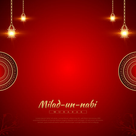 Islamic milad un nabi wishes card with text and lamp red color social media post designのイラスト素材