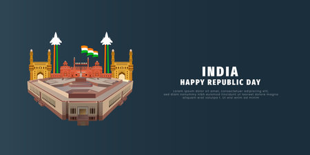 Happy republic day white background with red fort sketch or flage banner design vector fileのイラスト素材