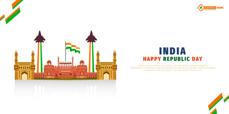 Happy republic day white background with red fort sketch banner design vector fileのイラスト素材