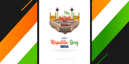 India republic day wishes banner or poster design with abstract background parliament red fort monument vector illustrationのイラスト素材
