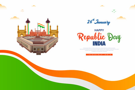 India republic day 26 january post or banner design with flag white background new parliament red fort monument vector illustrationのイラスト素材