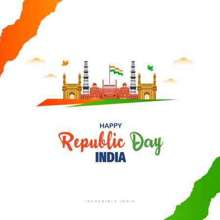 India republic day wishes post or banner design with flag white background red fort monument vector illustrationのイラスト素材