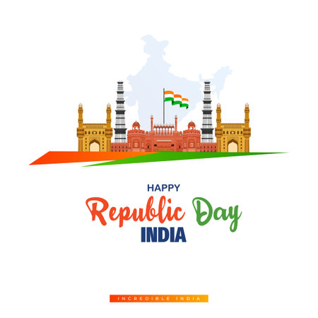India republic day wishing post or banner design with flag white background red fort monument vector illustrationのイラスト素材