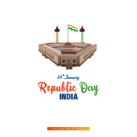 India republic day 26 january post or banner design with flag white background parliament monument vector illustrationのイラスト素材