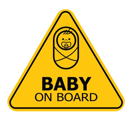 Baby on board yellow triangle warning sign on white background. Car sticker back window or sign. Vector illustration.のイラスト素材
