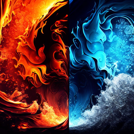Contrast between fire and ice - Yin Yang Illustration Digital Art desktop background.の写真素材