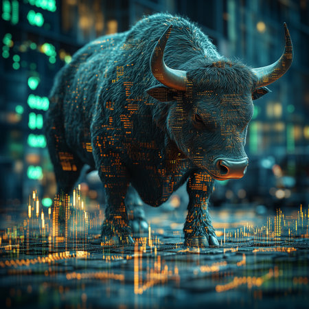 Stock market chart and bull on digital background. 3D rendering.の素材