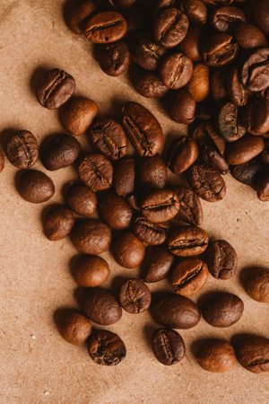 dark coffee beans close-up on light paper close up.の写真素材