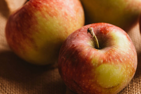several fresh red apples on sacking background.の写真素材