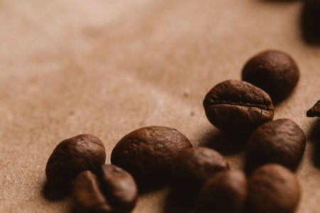 dark coffee beans close-up on light paper close up.の写真素材