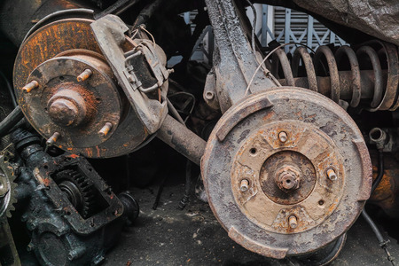 Pile of a lot of used old engine parts for sale in soi of Bangkok downtown, Thailandの写真素材