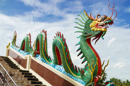 Dragon sculpture on the staircase rail of Wat Muang (Public temple), Angthong, Thailandの写真素材
