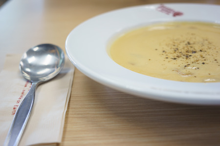 Mushroom soup, ready for start eatingの写真素材