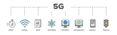 5G banner web icon vector illustration concept with icon of speed, signal, data, network, internet, technology, mobile and trafficのイラスト素材