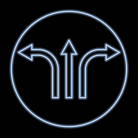 Three-way direction arrow sign. Blue neon icon in the dark. Blurred lightening. Illustration.のイラスト素材