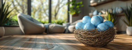 3d basket filled with blue eggs on wooden floor, in the style of shaped canvas. Generative AI.の素材