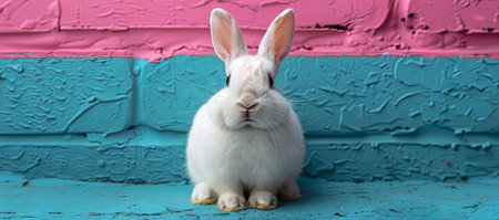 a white bunny looking out of a hole in a blue wall, in the style of conceptual pop, fragmented advertising. Generative AI.の素材