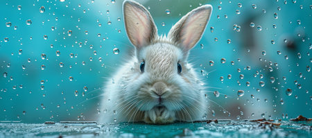 a white bunny looking out of a hole in a blue wall, in the style of conceptual pop, fragmented advertising. Generative AI.の素材