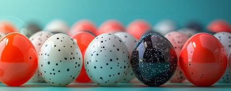 a bunch of colorful eggs on a turquoise background, in the style of pastel gothic, minimal abstraction, contrasting, vintage-inspired. Generative AI.の素材