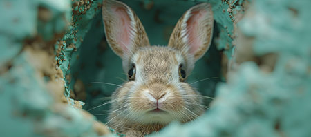 a white rabbit peeking out of a hole in a blue wall, in the style of photorealistic pastiche, fragmented advertising, cute and colorful, tabletop photography. Generative AI.の素材