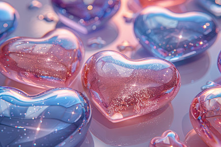 a set of pink and blue shiny heart patterns, in the style of photorealistic still life, vray tracing, light silver and sky-blue. generative AIの素材