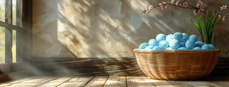 3d basket filled with blue eggs on wooden floor, in the style of shaped canvas. Generative AI.の素材