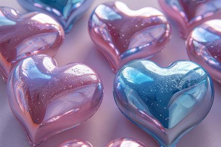 a set of pink and blue shiny heart patterns, in the style of photorealistic still life, vray tracing, light silver and sky-blue. generative AIの素材