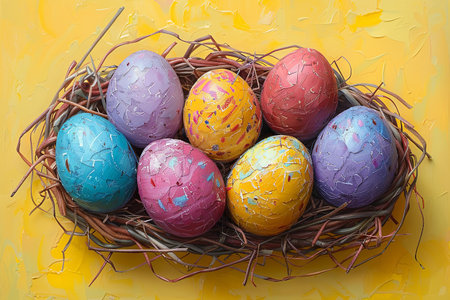 easter eggs in a basket on yellow background, in the style of vibrant hues master. Generative AI.の素材
