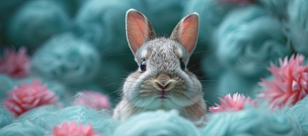 a white bunny peeking out of the hole in a blue background, in the style of fragmented advertising, photo-realistic compositions. Generative AI.の素材