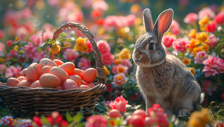 bunny in front of a basket of easter eggs, in the style of photorealistic art, ray tracing, photo-realistic landscapes, dark, foreboding colors, close up. Generative AI.の素材