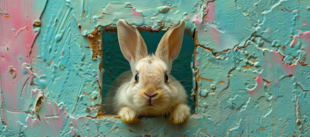 a white rabbit peeking out of a hole in a blue wall, in the style of photorealistic pastiche, fragmented advertising, cute and colorful, tabletop photography. Generative AI.の素材