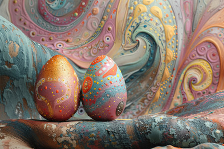 colorful east eggs with bright colors, in the style of dark beige and light azure, canvas texture emphasis. Generative AI.の素材