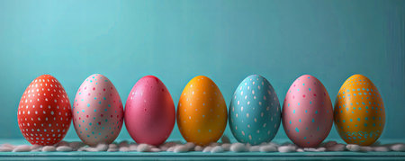 colorful easter eggs on a blue background, in the style of light teal and light black, vintage-inspired, nostalgic minimalism, light green and light azure. Generative AI.の素材