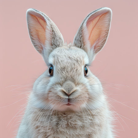 a rabbit with his ears in the air against a pink background, in the style of conceptual minimalism, bio-art. Generative AI.の素材